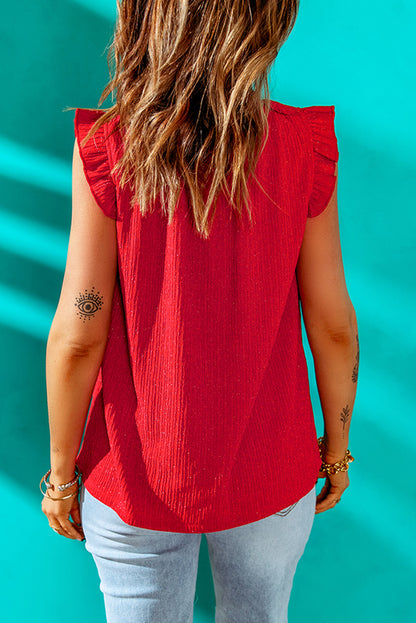 Fiery  Ruffled Ribbed O-Neck Sleeveless Top | Red