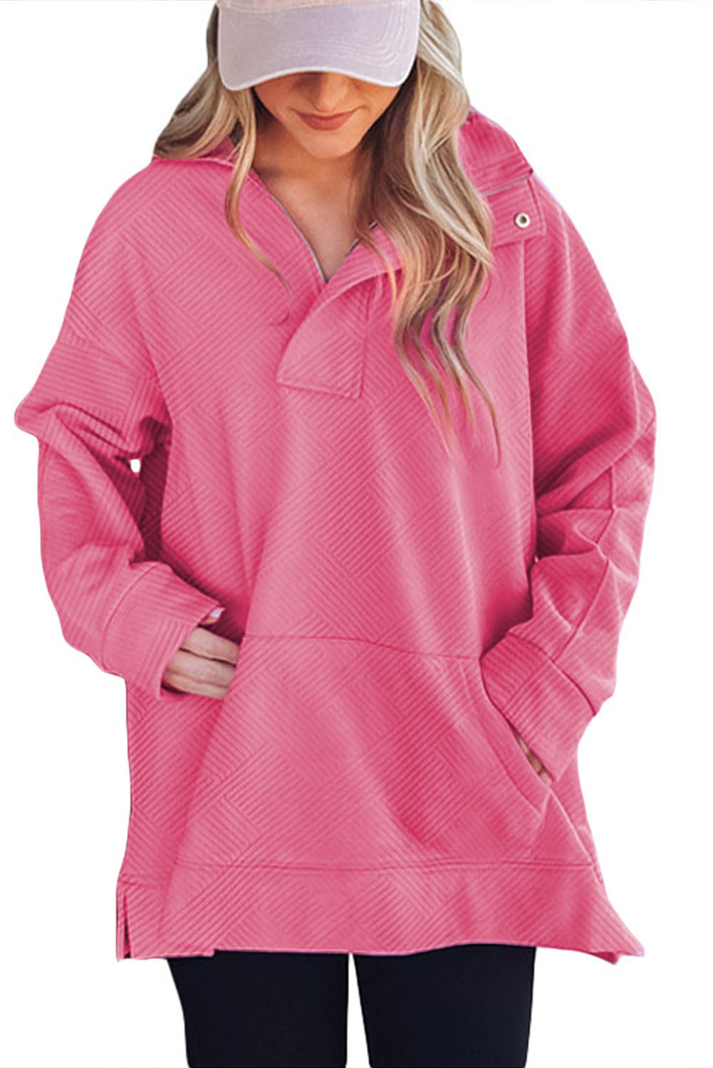 Textured Zipped Neckline Kangaroo Pocket Sweatshirt | Bright Pink