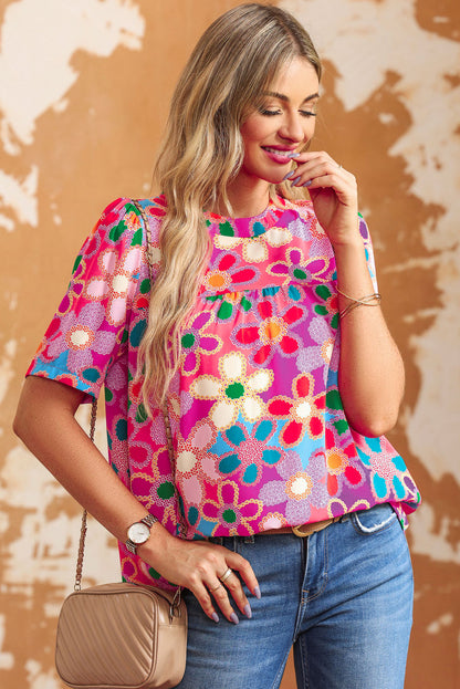 Boho Flower Print Puff Short Sleeve Top | Purple