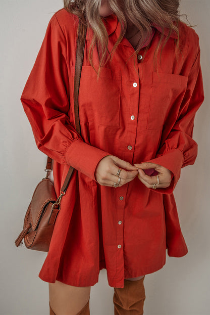 Bishop Sleeve Button Up Pleated Mini Shirt Dress | Tomato Red