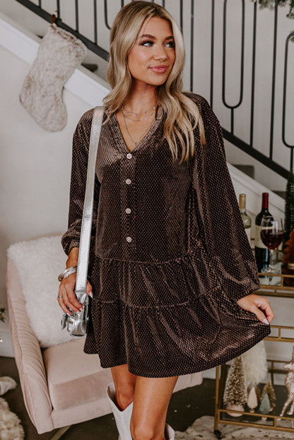 Textured Velvet V Neck Shift Dress | Dark Brown