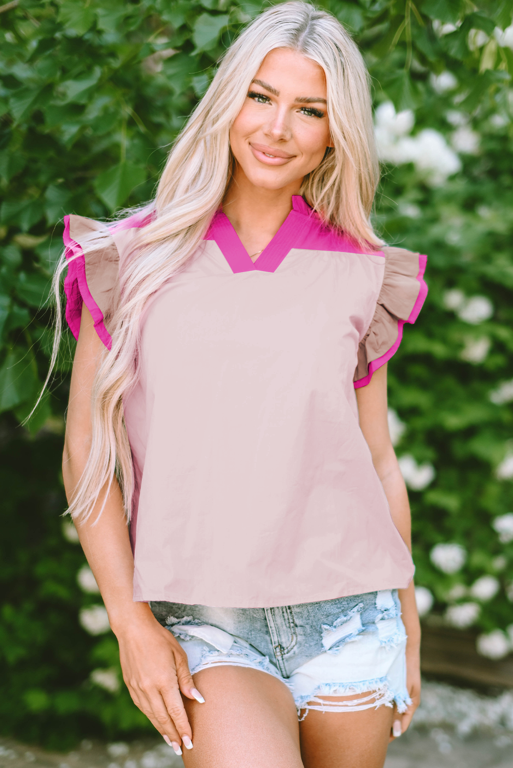 Pink Colorblock Ruffled Sleeve Frill V Neck Blouse