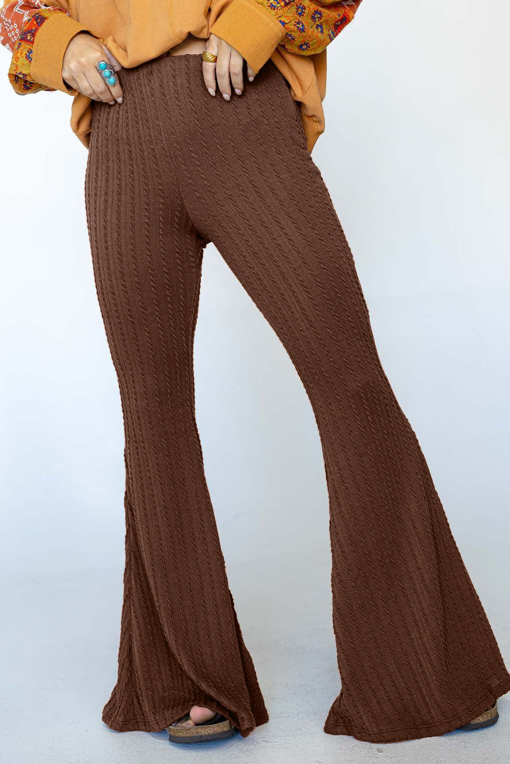 Textured Knit Mid Waist Flare Pants | Coffee