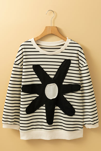 Black White Striped Big Flower Patched 3/4 Sleeve Top | Black white