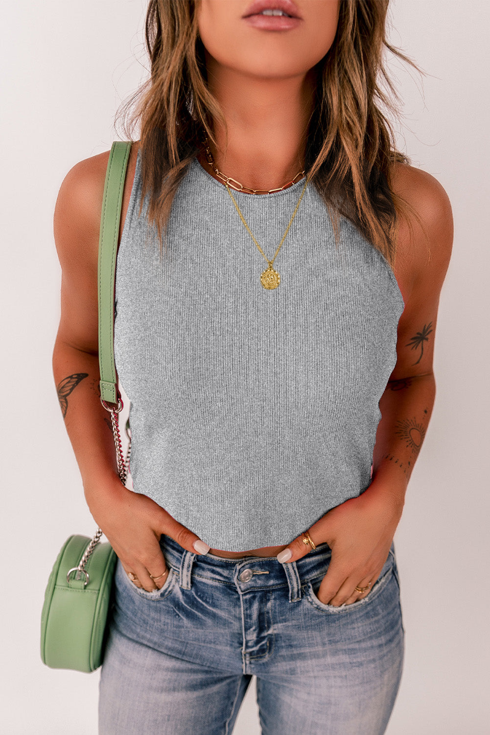 Rib Knit Crew Neck Sleeveless Crop Top | Gray