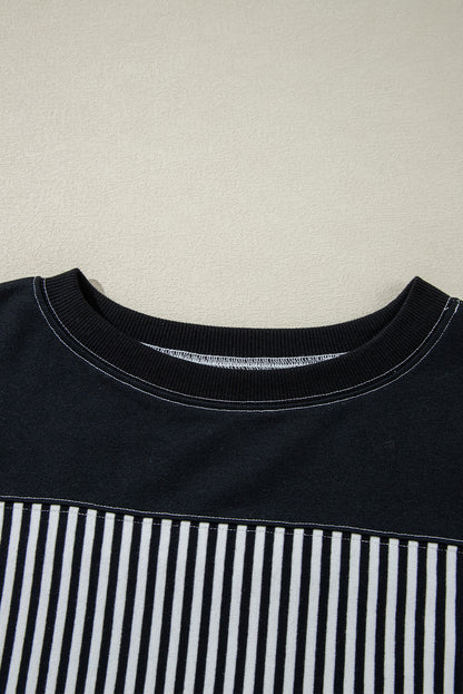 Black White Striped Patchwork 3/4 Sleeve Oversize Top | Black white