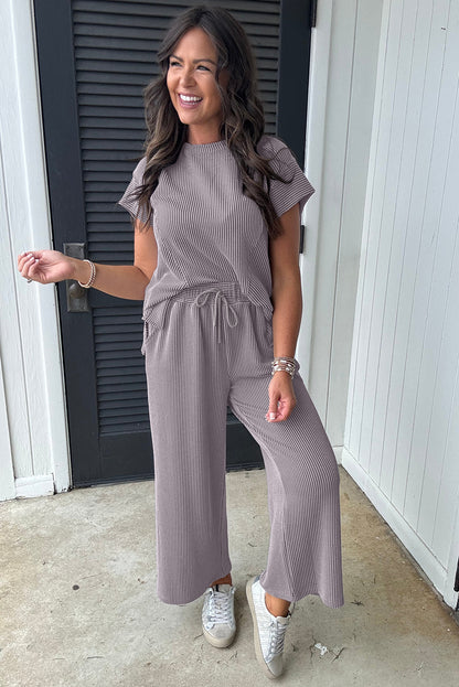 Solid Corded Knit Short Sleeve T Shirt And Wide Leg Pants Set | Wild Wind