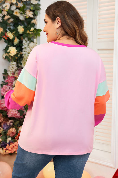 Colourblock Patchwork Long Sleeve Plus Size Top | Pink