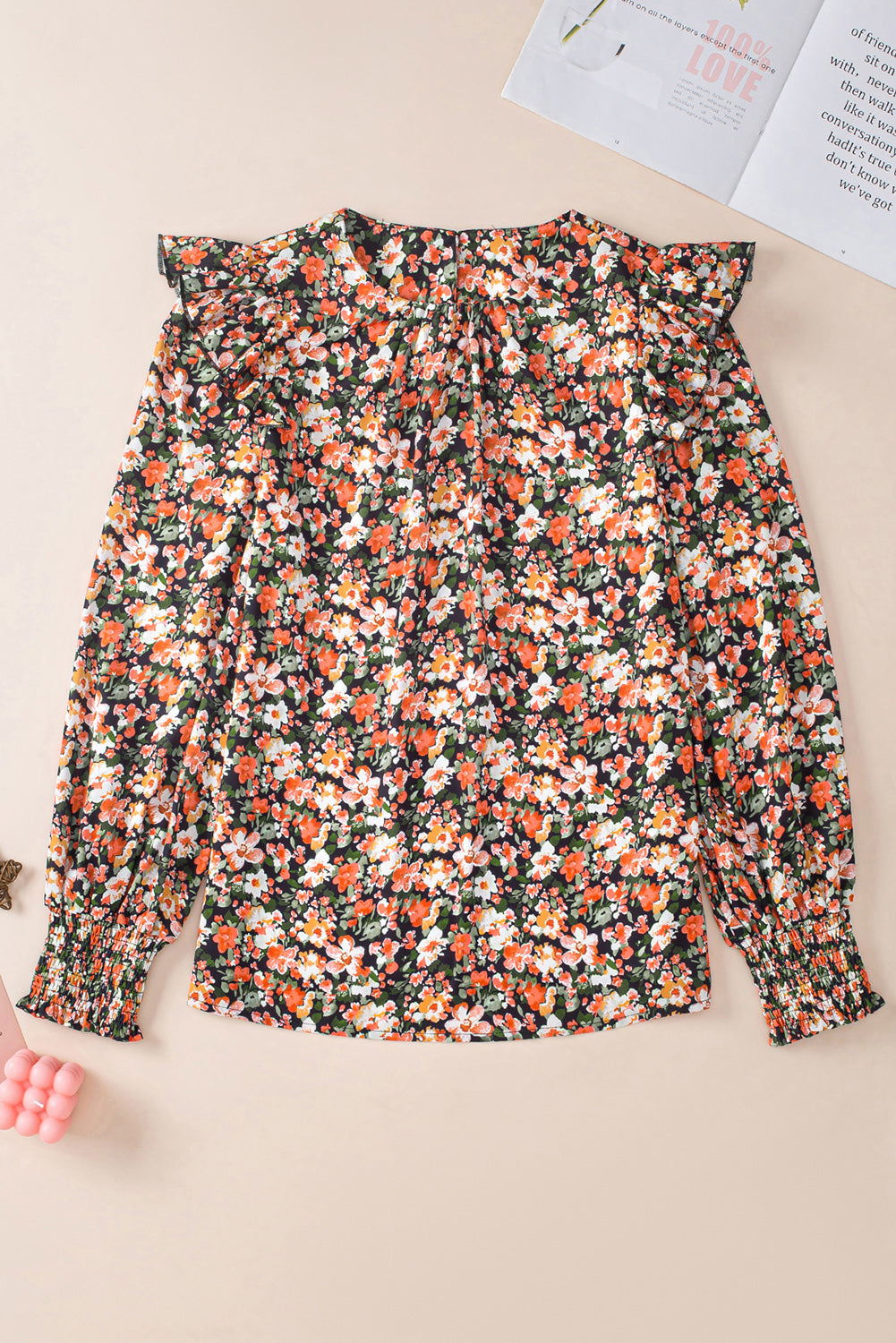 Ruffle Trim Shirred Cuffs Floral Blouse | Orange