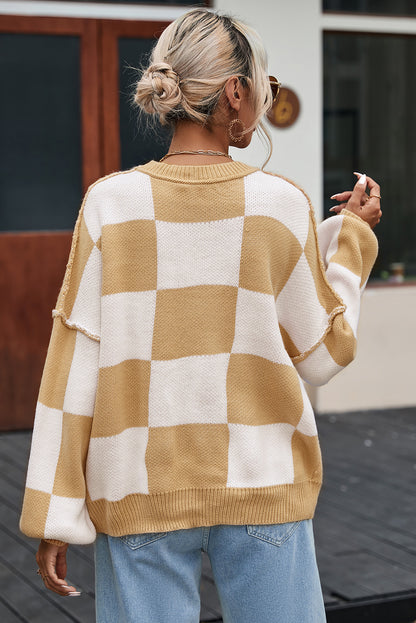 Checkered Bishop Sleeve Sweater | Khaki