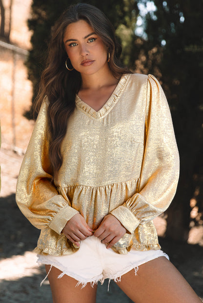 Metallic Frilled V Neck Puff Sleeve Babydoll Blouse | Gold