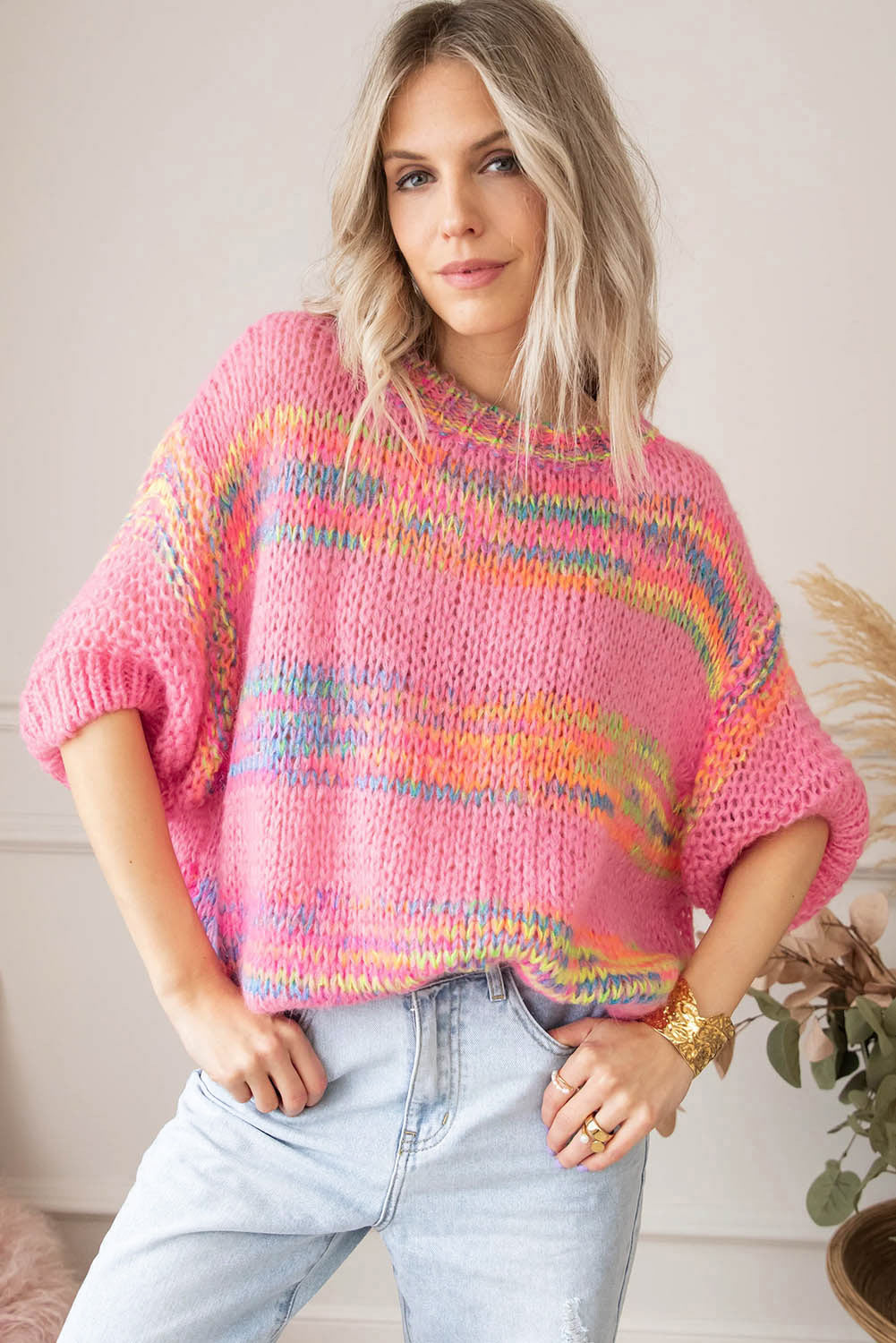 Colourful Stripes 3/4 Sleeve Loose Sweater | Rose