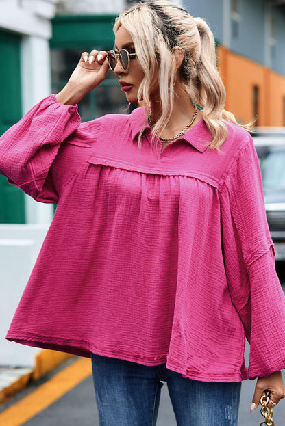 Crinkle Collared V-Neck Bubble Sleeve Flowy Blouse | Rose