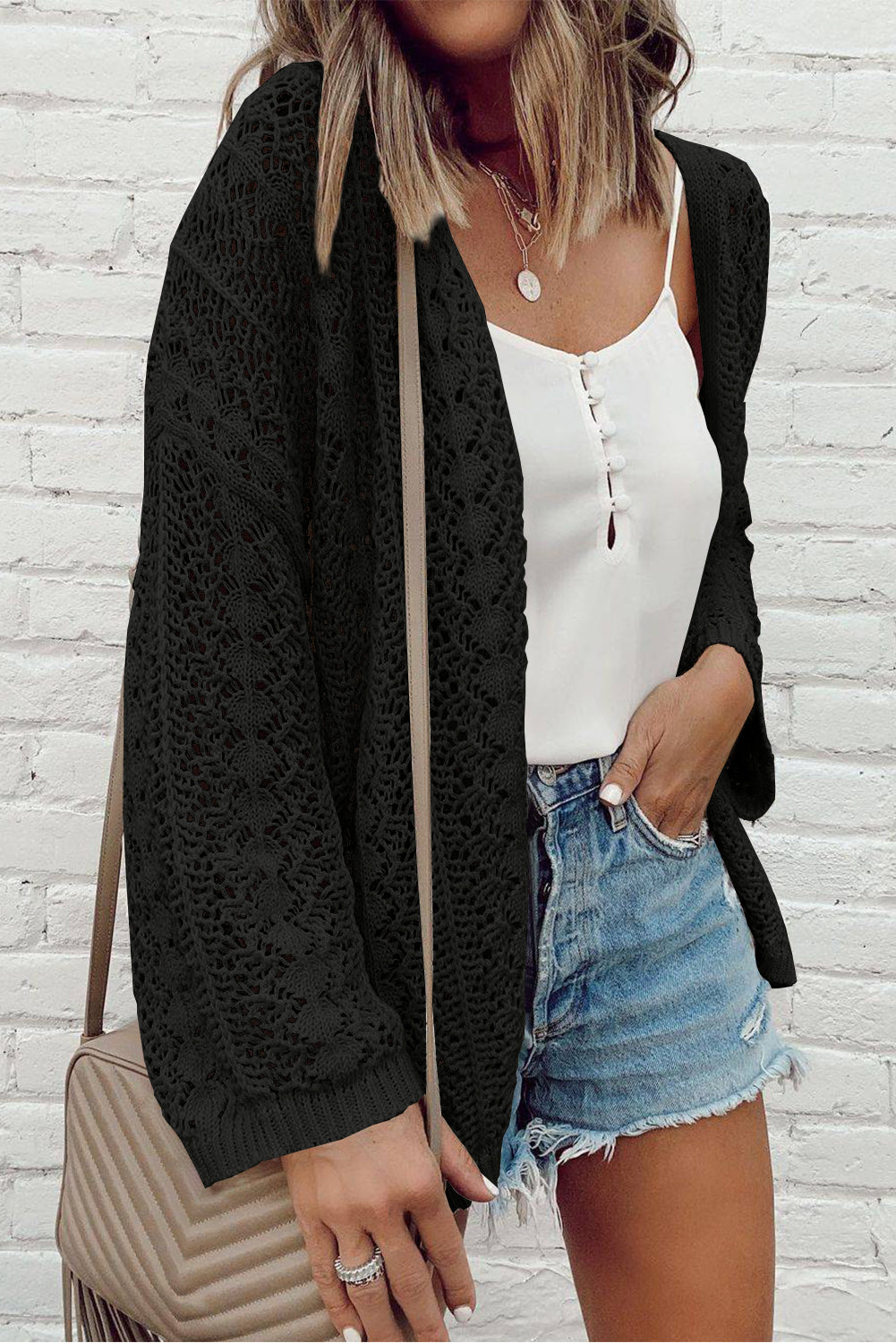 Hollow Out Knit Drop Shoulder Open Front Cardigan | Black