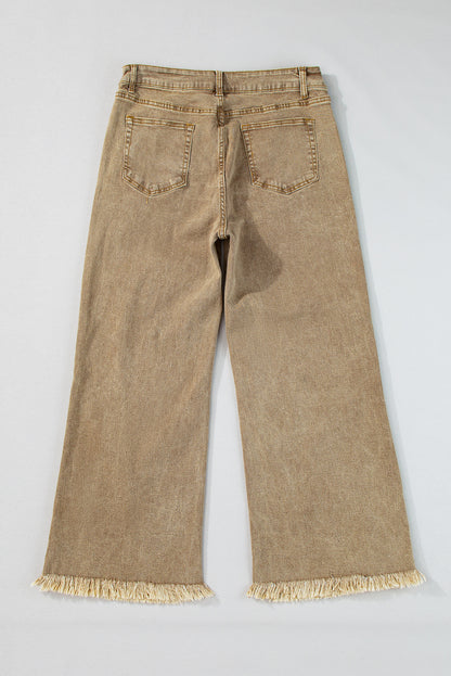 Acid Washed High Rise Cropped Wide Leg Jeans | Light French Beige