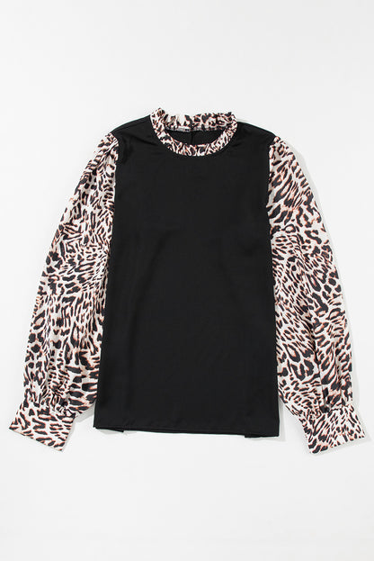 Contrast Leopard Print Lantern Sleeve Blouse | Black