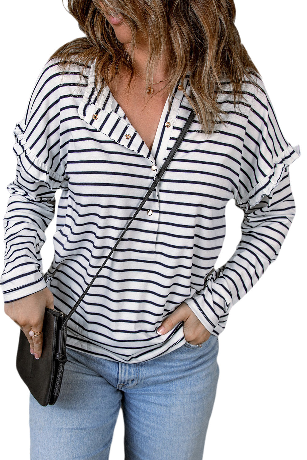 Striped Print Ruffled Buttoned Long Sleeve Top | White