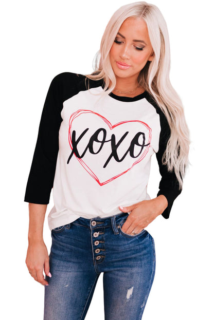 Xoxo Heart Graphic Contrast Long Sleeve Tee | Black