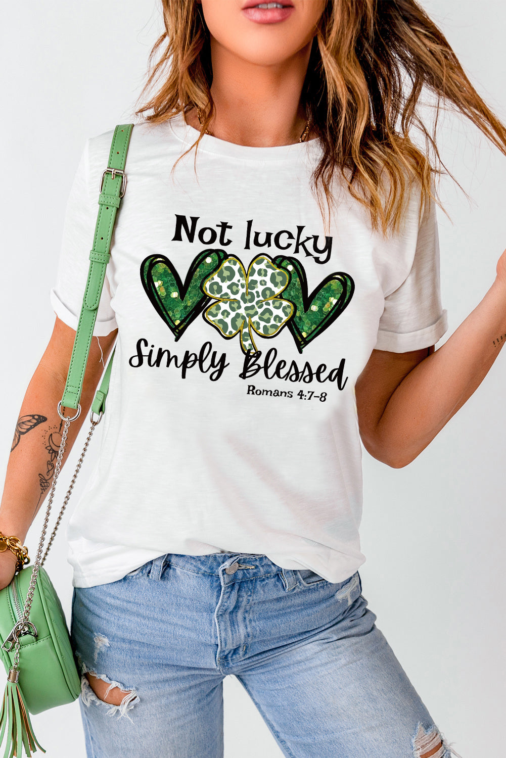 Heart Leopard Clover Slogan Letters Graphic Tee | White