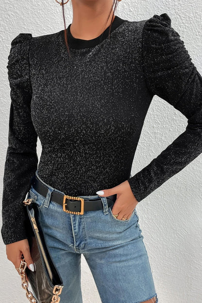 Gigot Sleeve Metallic Knit Slim Fit Top | Black