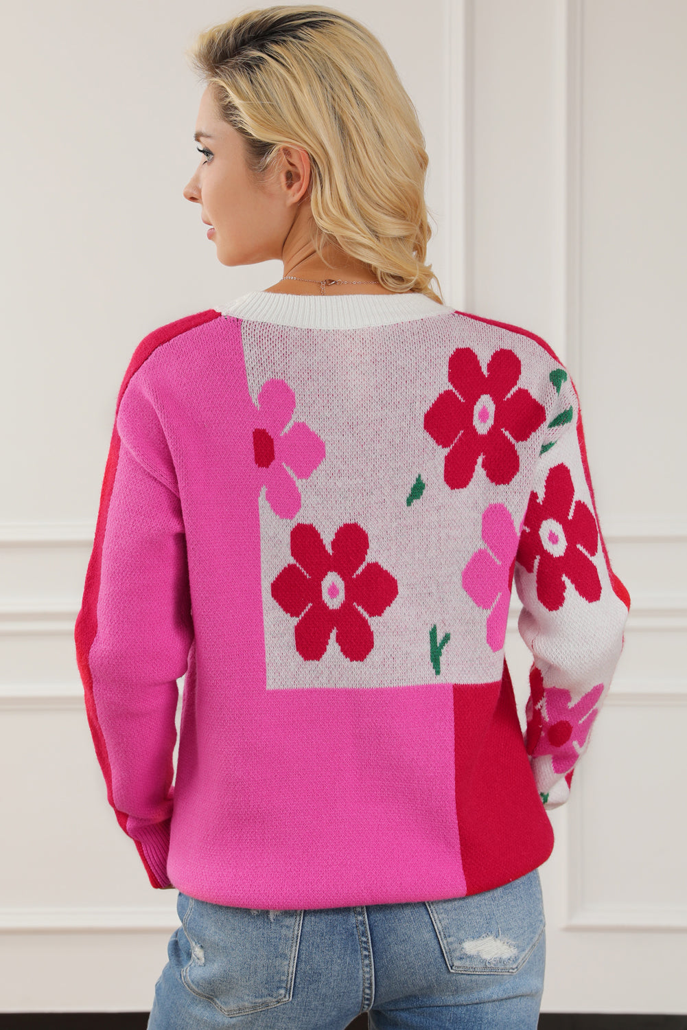 Floral Mixed Colour Block Sweater | Rose Red