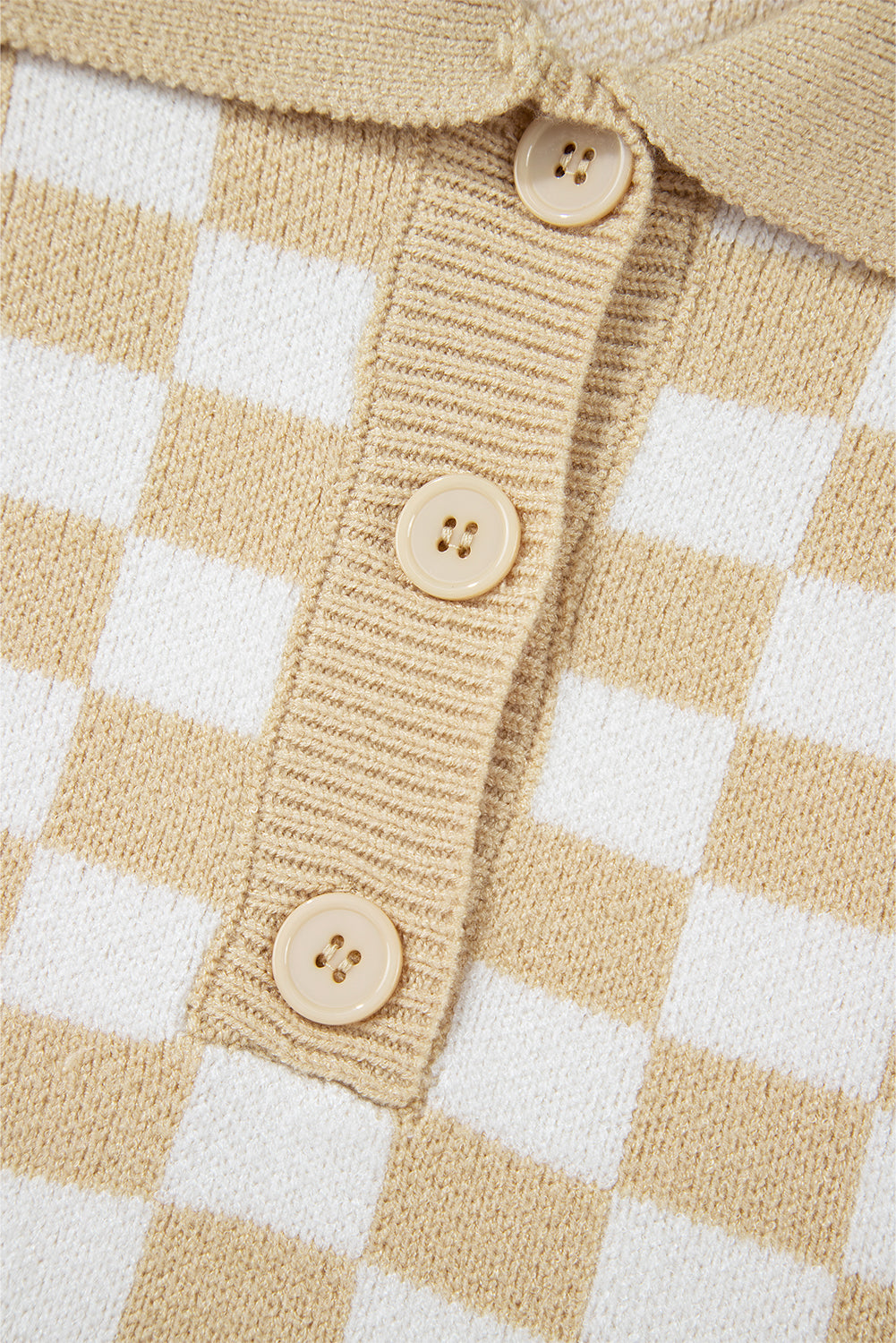 Checkered Buttons Collar V Neck Drop Shoulder Sweater | Apricot