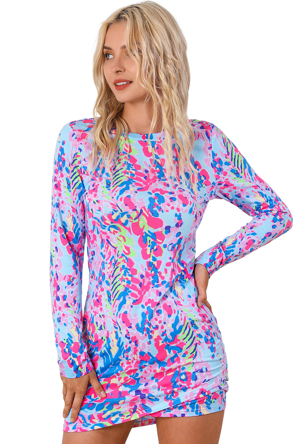 Floral Print Crossed Hem Long Sleeve Mini Dress | Sky Blue