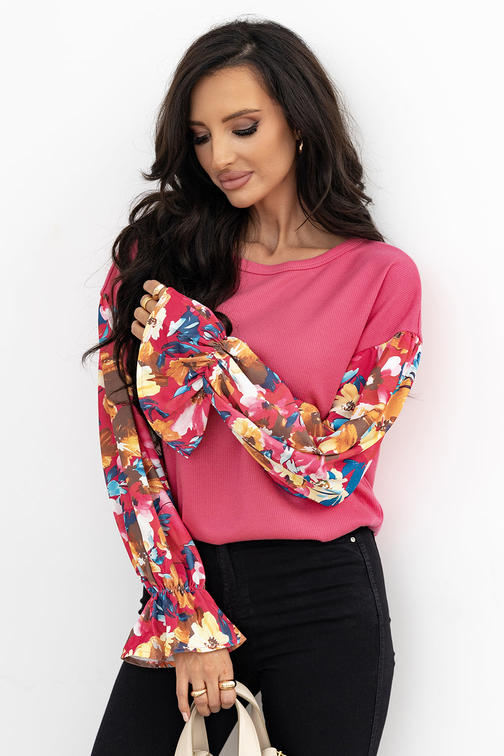 Flower Patchwork Ruffled Sleeve Ribbed Knit Drop Shoulder Top | Sachet Pink