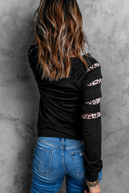 Leopard Pumpkin Season Graphic Ripped Sleeve Sweatshirt | Black