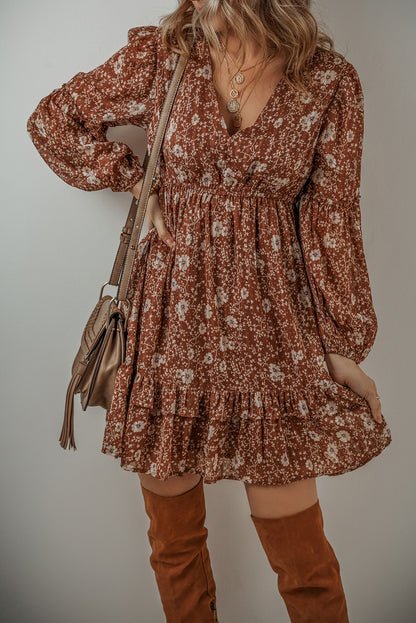 Boho Floral Ruffled Puff Sleeve V Neck Mini Dress | Brown