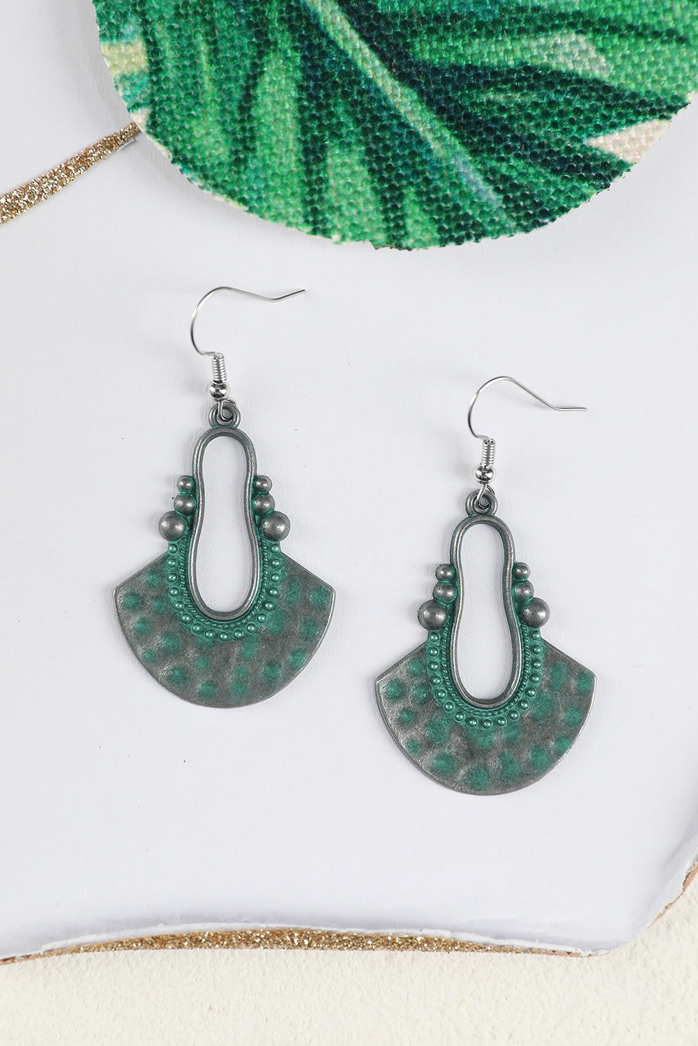 Geometric Fan Shape Antiqued Dangle Earrings | Silver