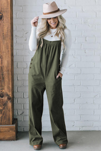 Solid Pocketed Loose Fit Corduroy Overall | Jungle Green