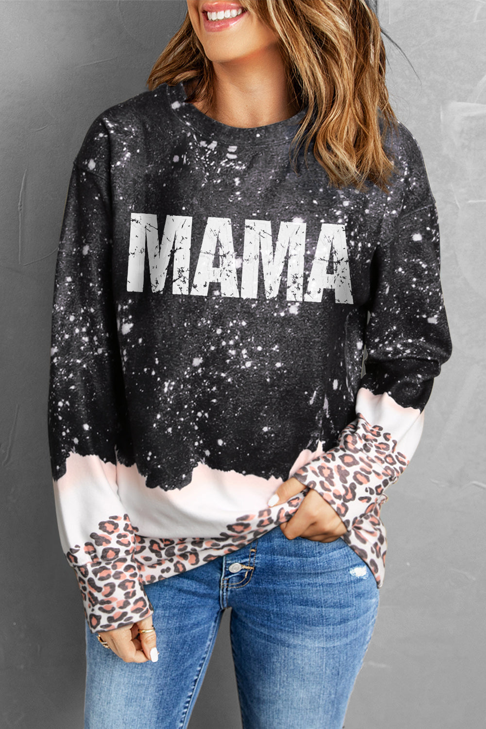 Mama Bleached Leopard Trim Pullover Sweatshirt | Black