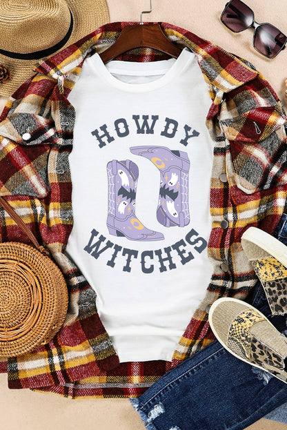 Howdy Witches Halloween Boots Crewneck T Shirt | White