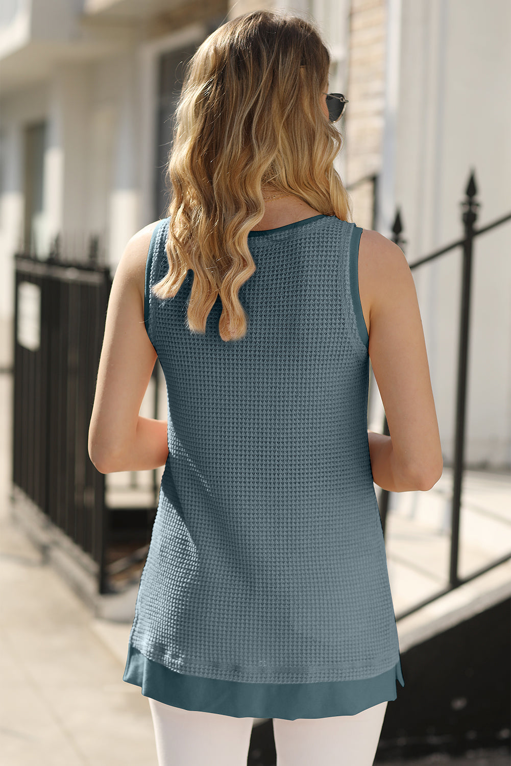 Scoop Neck Waffle Knit Flowy Vest | Real Teal