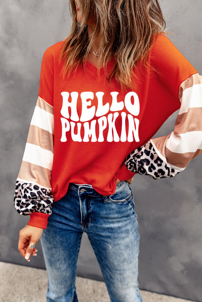 Hello Pumpkin Graphic Leopard Striped Colourblock Sleeve V Neck Top | Red