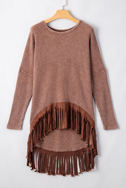 Waffle Knit Fringed High Low Loose Top | Coffee