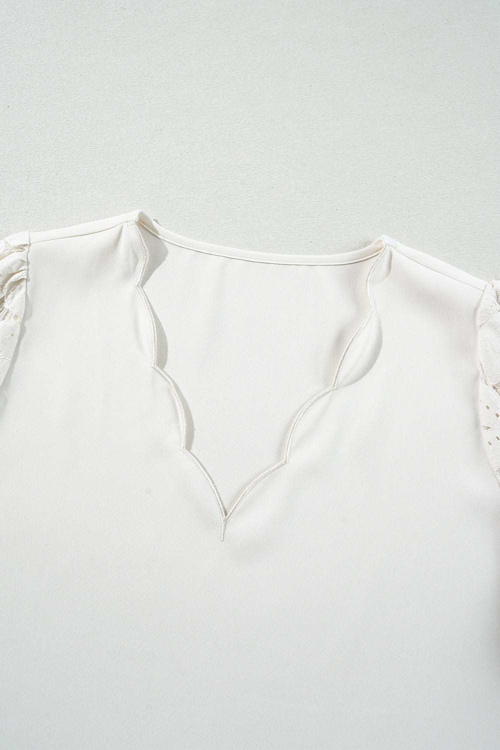 Scalloped V Neckline Lace Hollowed Lantern Sleeve Blouse | White