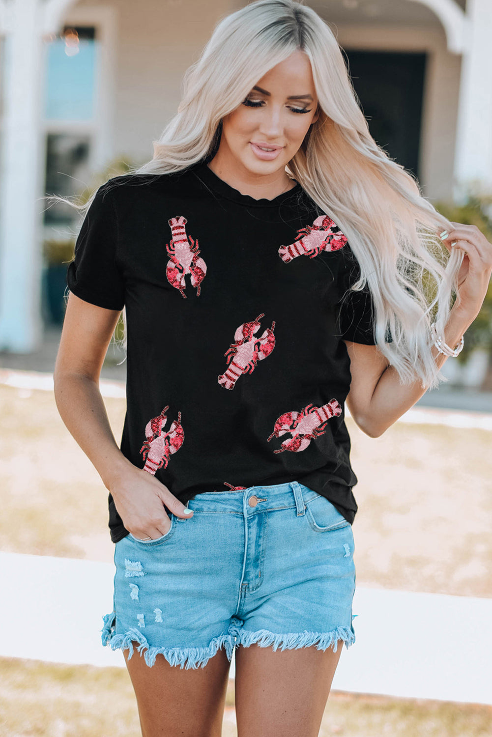 Sequined Crayfish Round Neck Graphic Tee | Black