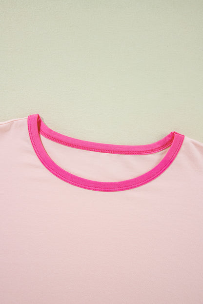 Colour Block Stitching Sleeve Round Neck Oversize Top | Pink