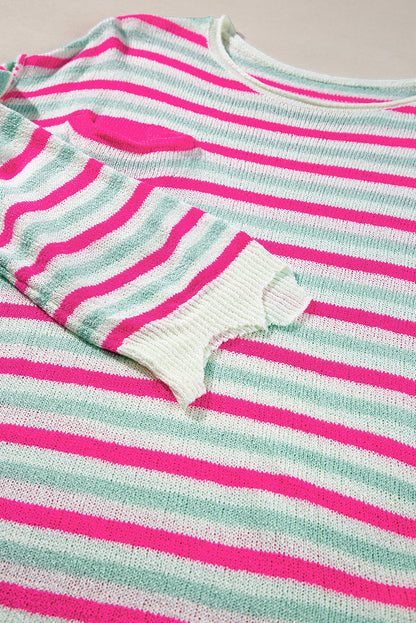 Oversized Drop Shoulder Sweater With Pocket | Rose Stripe