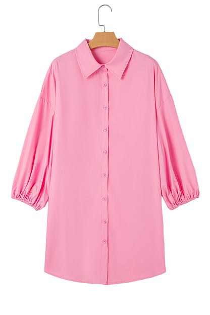 Balloon Sleeve Button Up Mini Shirt Dress | Bright Pink