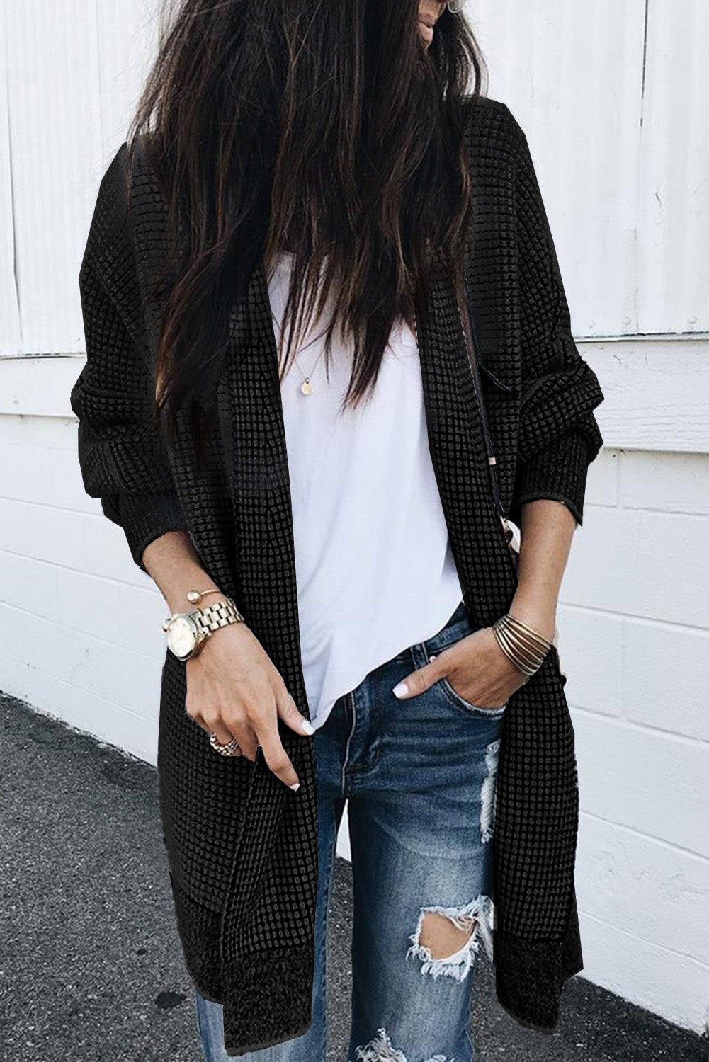 Plaid Knitted Long Open Front Cardigan | Black