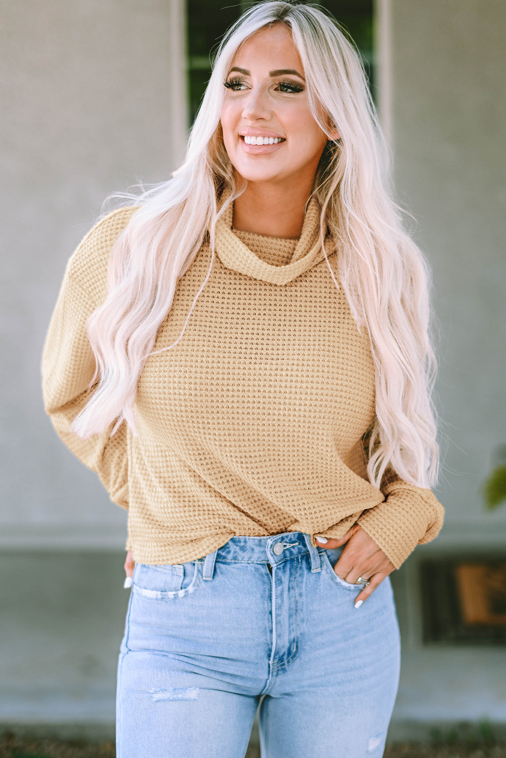 Solid Waffle Knit Turtleneck Long Sleeve Top | Apricot