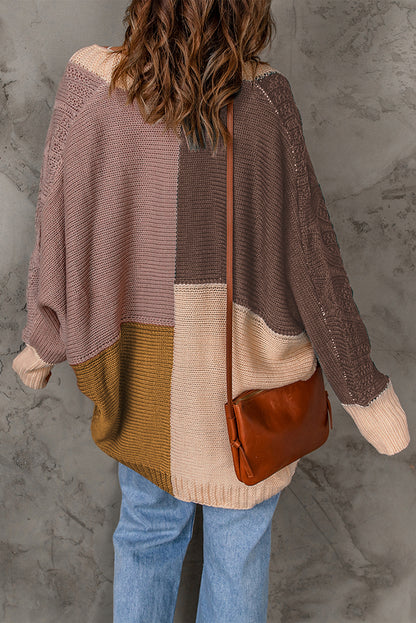 Colour Block Loose Open Front Knitted Cardigan | Brown