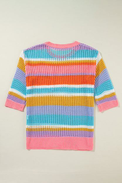 Colourblock Hollowed Crochet 3/4 Sleeve Sweater | Pink Stripe