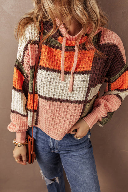 Colour Block Waffle Knit Drawstring Mock Neck Sweater | Orange