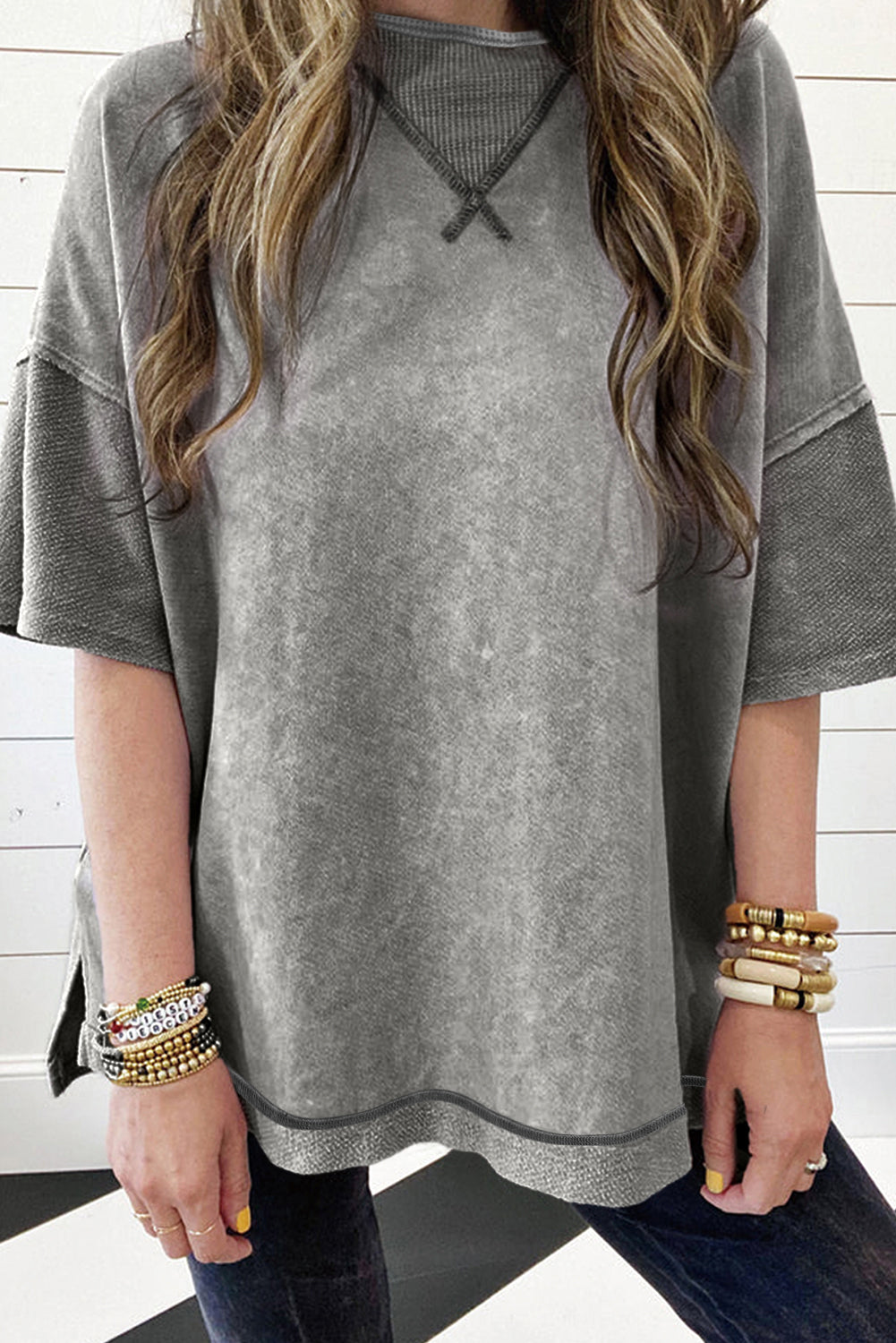 Mineral Wash Exposed Seam Drop Shoulder Oversized Tee | Philippine Gray