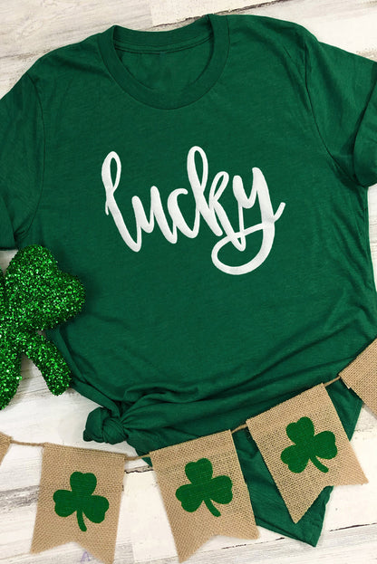 St. Patricks Lucky Puff Print Round Neck Casual Tee | Green