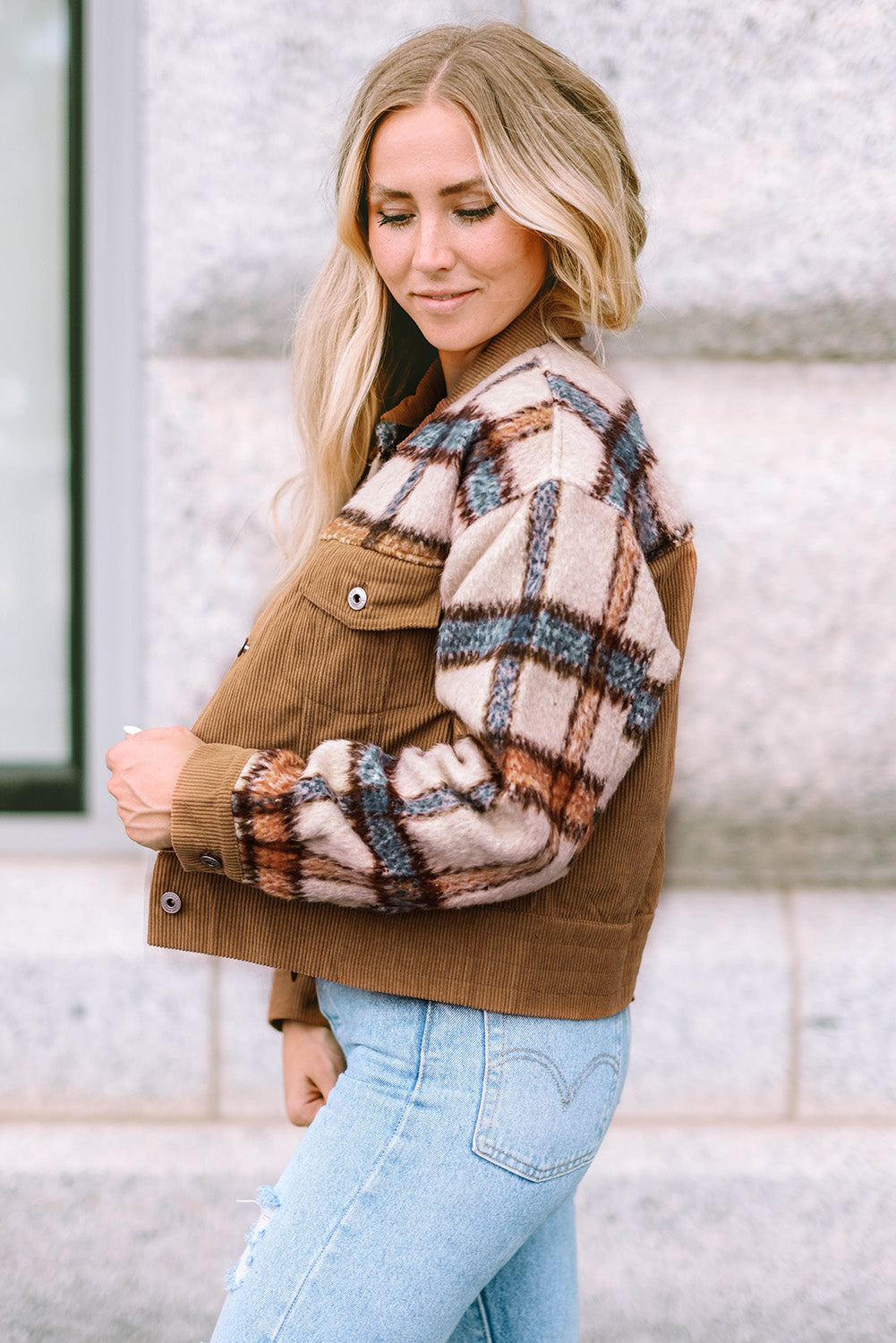 Plaid Corduroy Flap Pockets Boxy Chunky Jacket | Khaki